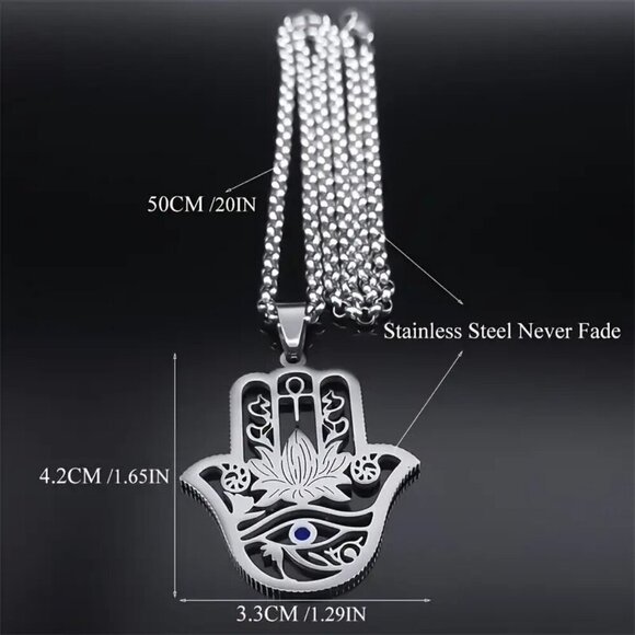 Stainless Steel Hamsa Hand Lotus Eye Ankh Pendant Necklace Protection Jewelry NE - Picture 3 of 5
